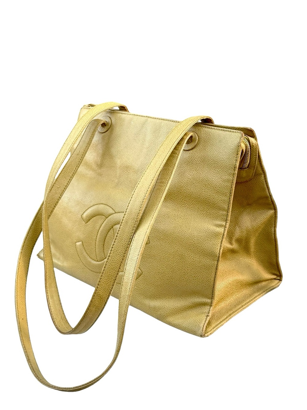 Vintage Chanel Olive Green Caviar Leather CC Logo Shoulder Tote Bag